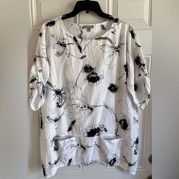 Habitat Tops - Habitat Linen Blend Floral Swing Shirt Women’s S‎ White Black Floral Lagenlook